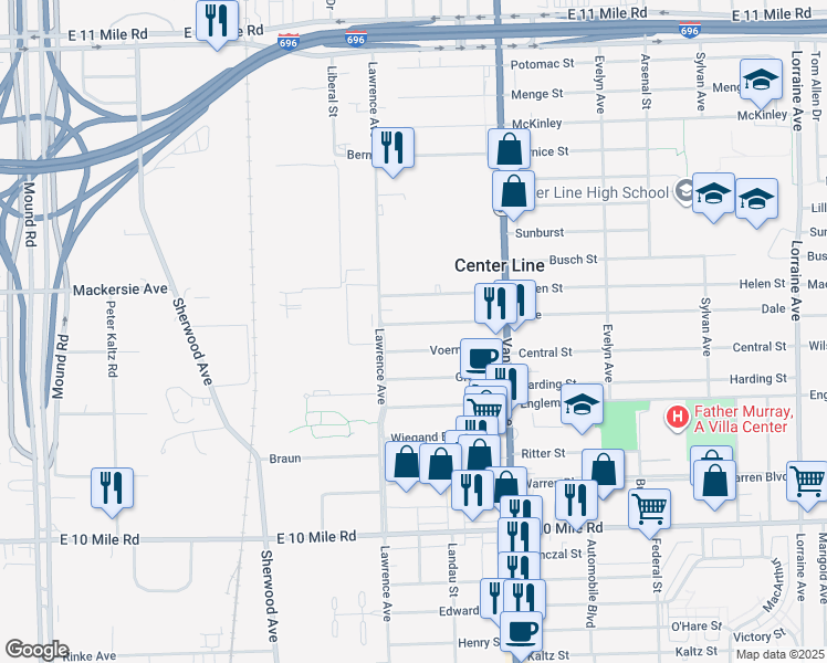 map of restaurants, bars, coffee shops, grocery stores, and more near 7264 Dale in Center Line