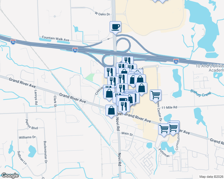 map of restaurants, bars, coffee shops, grocery stores, and more near 26285 Novi Road in Novi