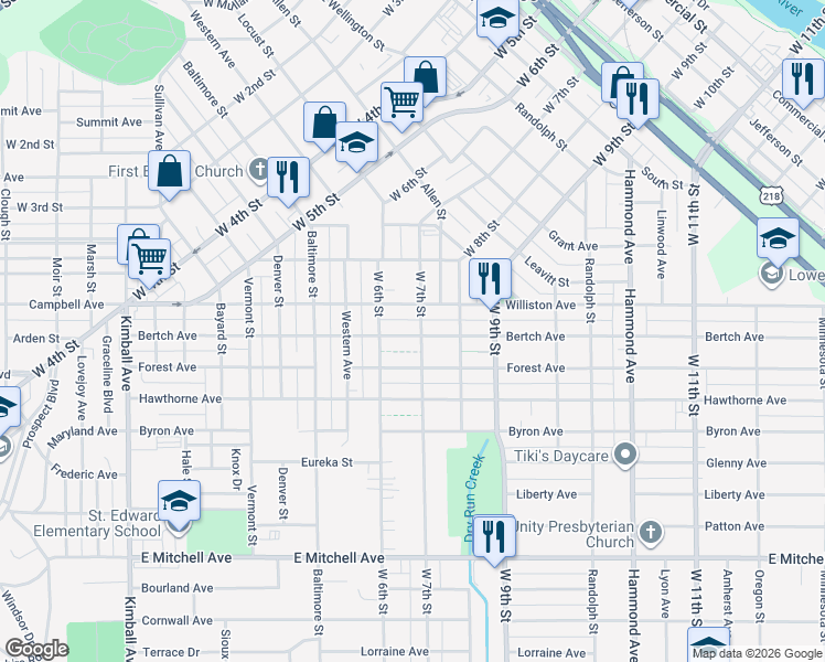 map of restaurants, bars, coffee shops, grocery stores, and more near 1324 West 7th Street in Waterloo