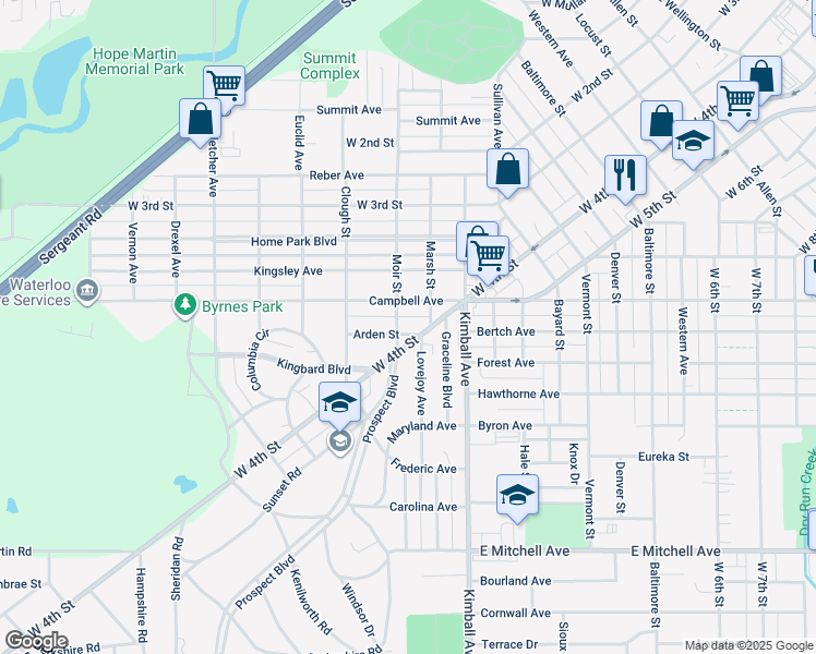 map of restaurants, bars, coffee shops, grocery stores, and more near 120 Arden Street in Waterloo