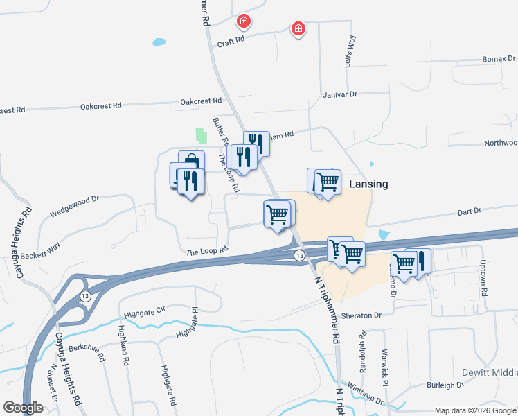 map of restaurants, bars, coffee shops, grocery stores, and more near 2310 North Triphammer Road in Ithaca