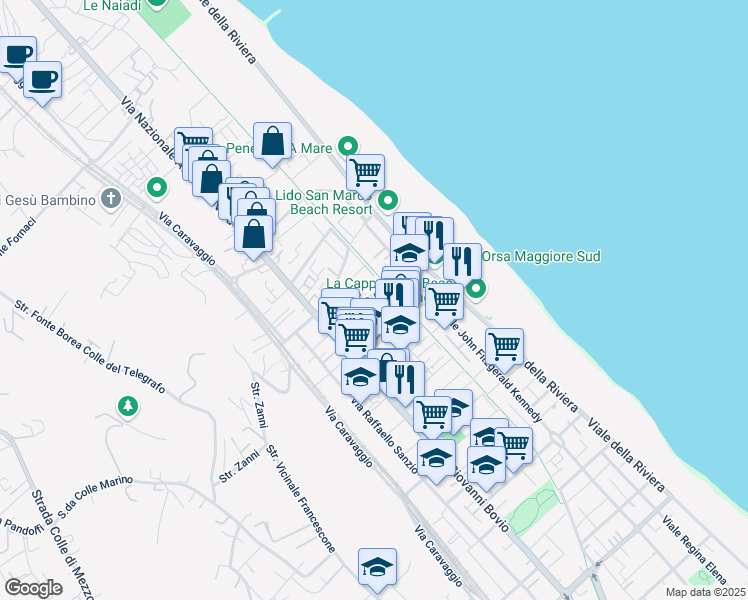 map of restaurants, bars, coffee shops, grocery stores, and more near 59 Via Luigi Cadorna in Pescara