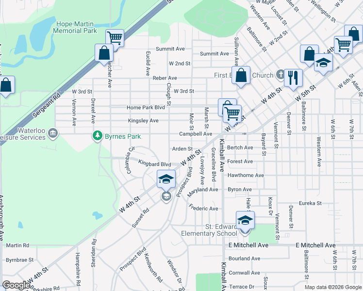 map of restaurants, bars, coffee shops, grocery stores, and more near 220 Arden Street in Waterloo