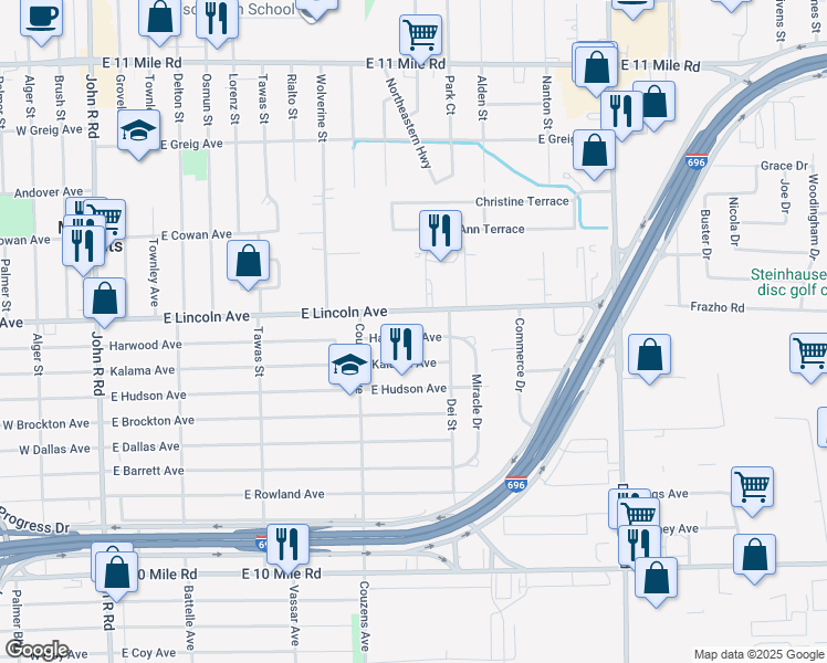 map of restaurants, bars, coffee shops, grocery stores, and more near 1207 Harwood Avenue in Madison Heights