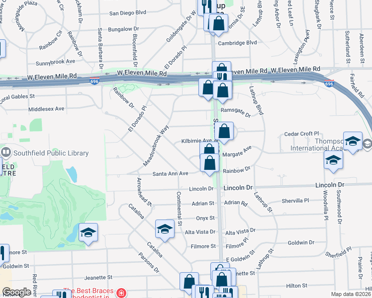 map of restaurants, bars, coffee shops, grocery stores, and more near 18230 Rainbow Drive in Lathrup Village