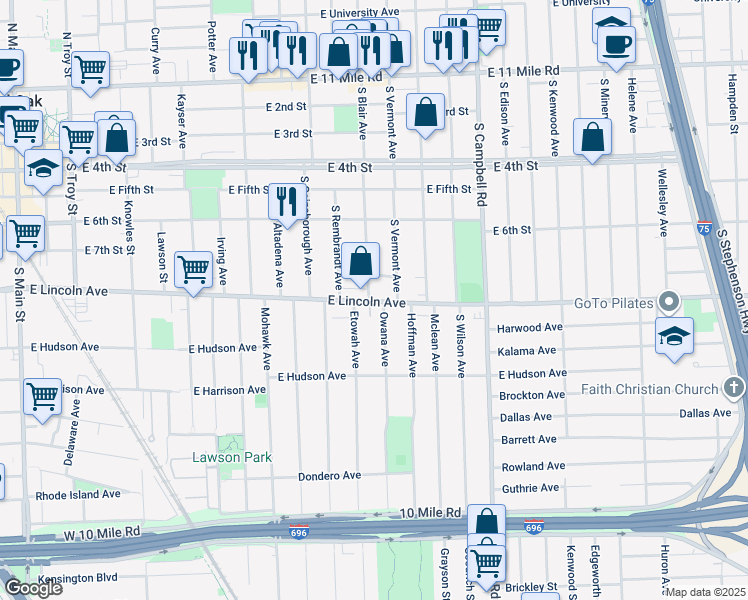 map of restaurants, bars, coffee shops, grocery stores, and more near 1402 East Lincoln Avenue in Royal Oak