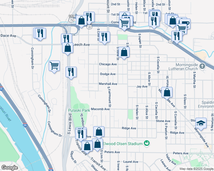 map of restaurants, bars, coffee shops, grocery stores, and more near 2612 Marshall Avenue in Sioux City