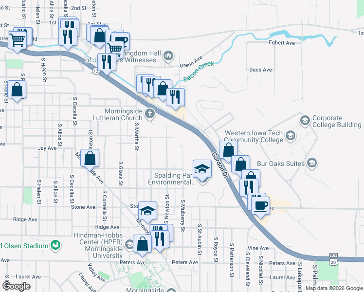 map of restaurants, bars, coffee shops, grocery stores, and more near 820 South Mulberry Street in Sioux City