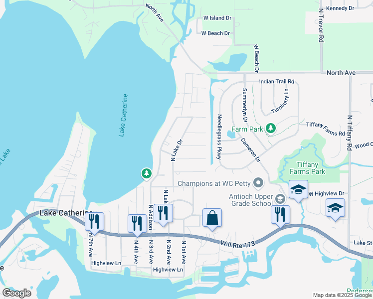 map of restaurants, bars, coffee shops, grocery stores, and more near 42623 North Lake Drive in Antioch
