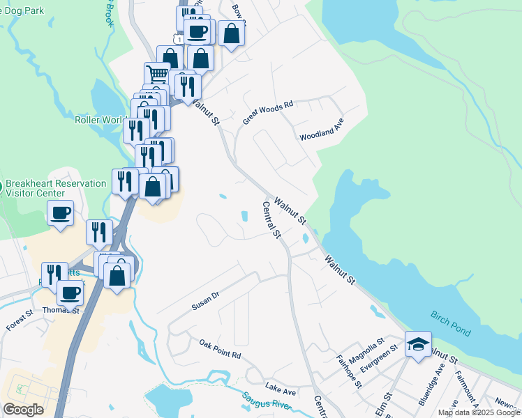 map of restaurants, bars, coffee shops, grocery stores, and more near 15 Central Street in Saugus