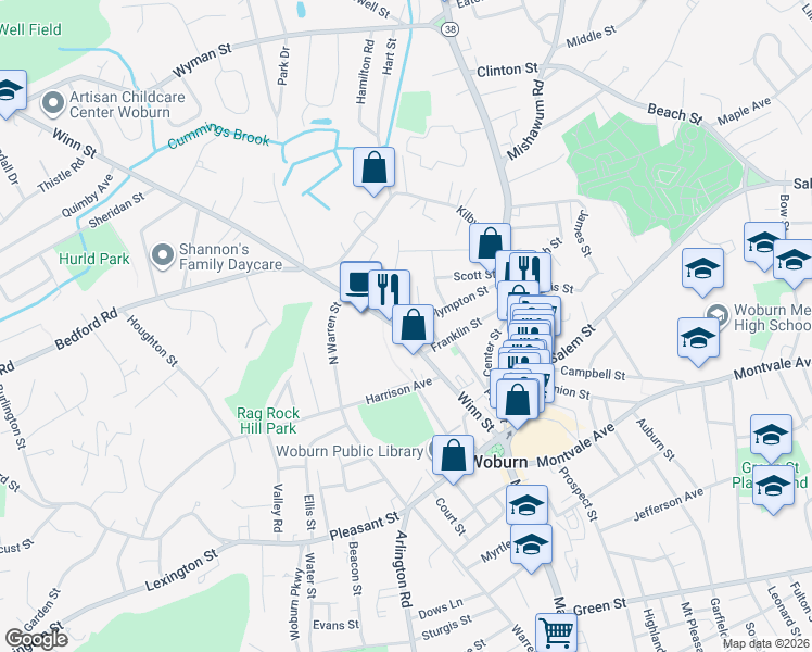 map of restaurants, bars, coffee shops, grocery stores, and more near 91R Winn Street in Woburn