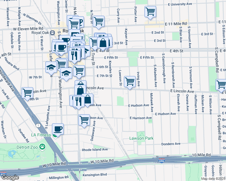 map of restaurants, bars, coffee shops, grocery stores, and more near 815 Knowles Street in Royal Oak