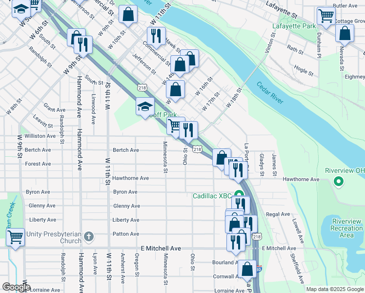 map of restaurants, bars, coffee shops, grocery stores, and more near 1801-1899 Bertch Avenue in Waterloo