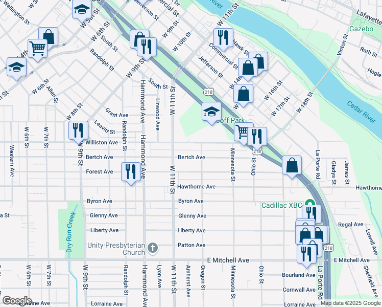 map of restaurants, bars, coffee shops, grocery stores, and more near 1527 Bertch Avenue in Waterloo