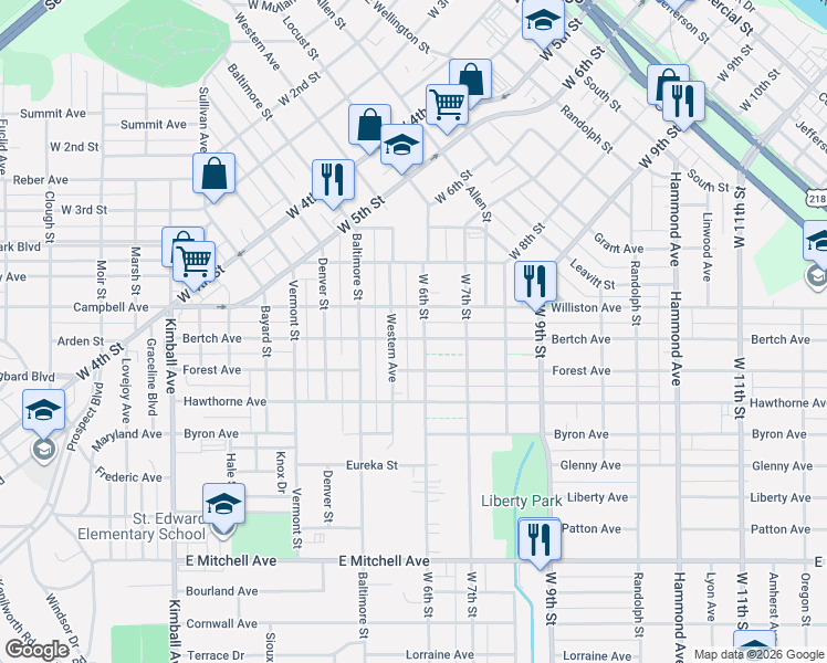 map of restaurants, bars, coffee shops, grocery stores, and more near 718 Bertch Avenue in Waterloo
