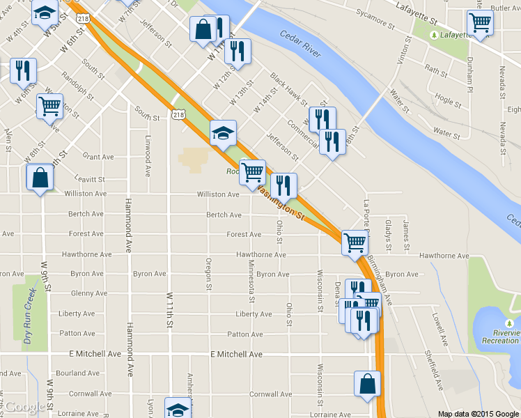 map of restaurants, bars, coffee shops, grocery stores, and more near 1711 Bertch Avenue in Waterloo