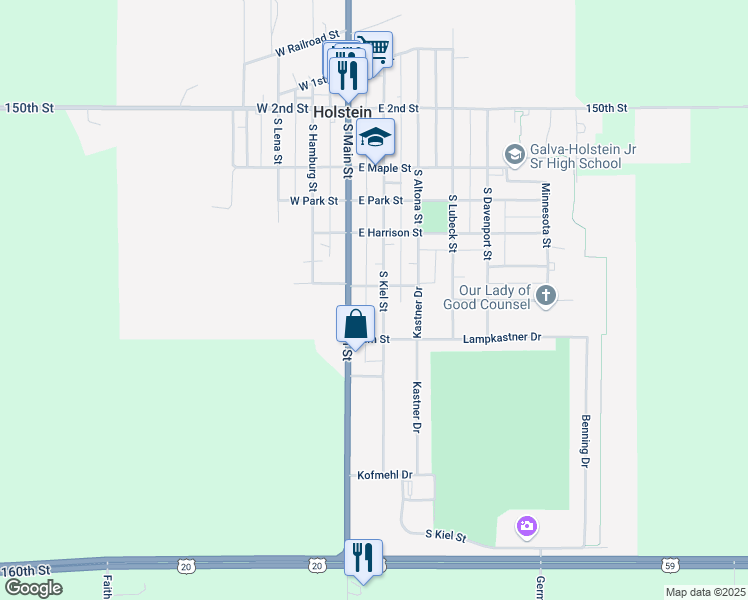 map of restaurants, bars, coffee shops, grocery stores, and more near 509 South Kiel Street in Holstein