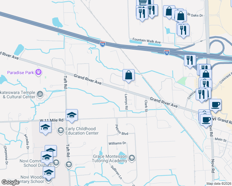 map of restaurants, bars, coffee shops, grocery stores, and more near 44525 Grand River Avenue in Novi