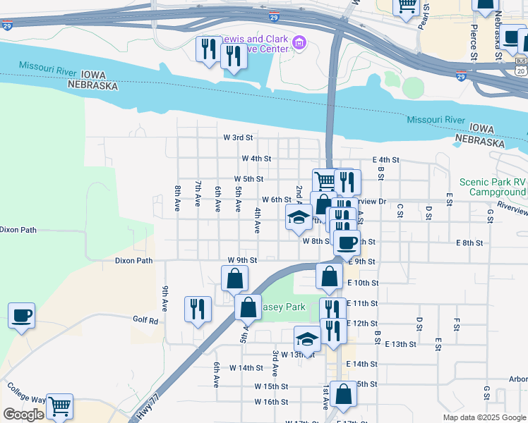 map of restaurants, bars, coffee shops, grocery stores, and more near 601-699 3rd Ave in South Sioux City