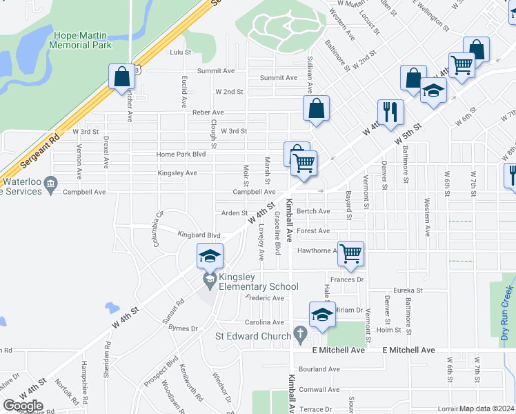map of restaurants, bars, coffee shops, grocery stores, and more near 104 Arden Street in Waterloo