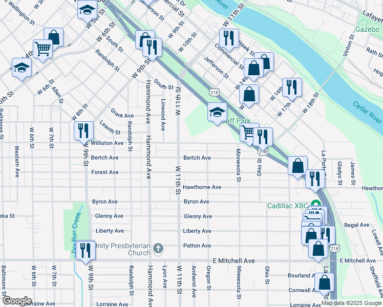 map of restaurants, bars, coffee shops, grocery stores, and more near 1527 Bertch Avenue in Waterloo