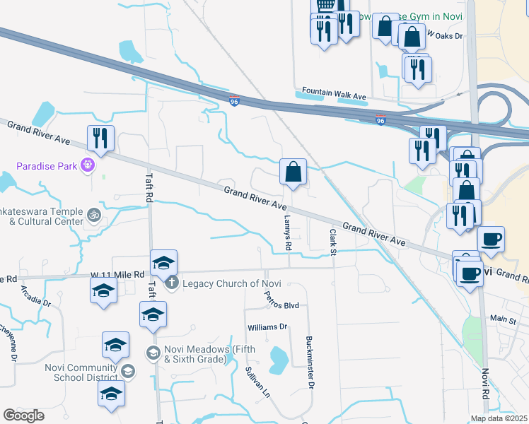 map of restaurants, bars, coffee shops, grocery stores, and more near 44525 Grand River Avenue in Novi