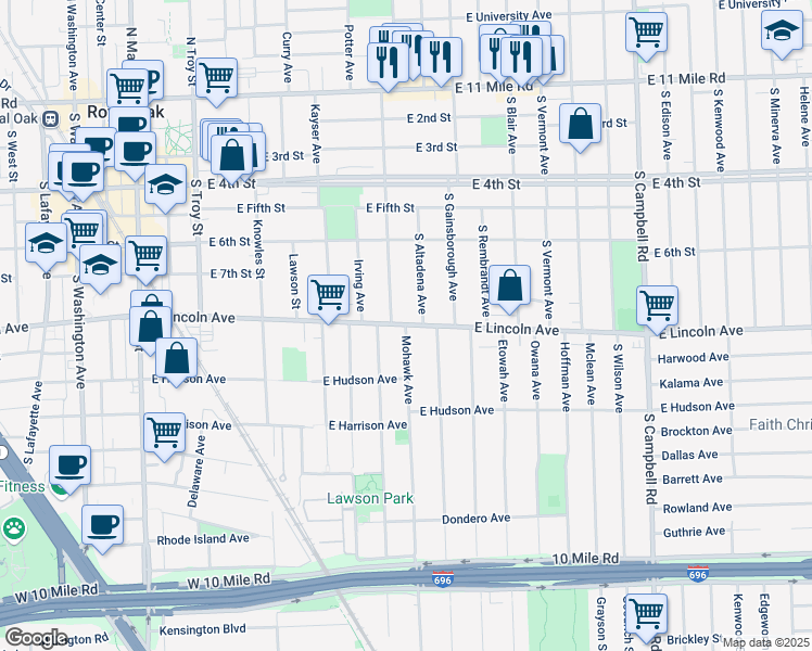map of restaurants, bars, coffee shops, grocery stores, and more near East Lincoln Avenue & Mohawk Avenue in Royal Oak