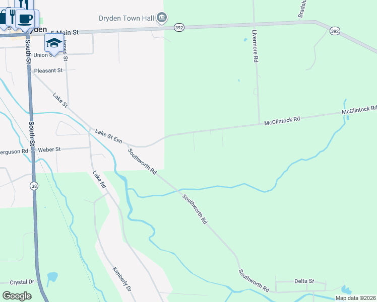 map of restaurants, bars, coffee shops, grocery stores, and more near 168 McClintock Road in Dryden
