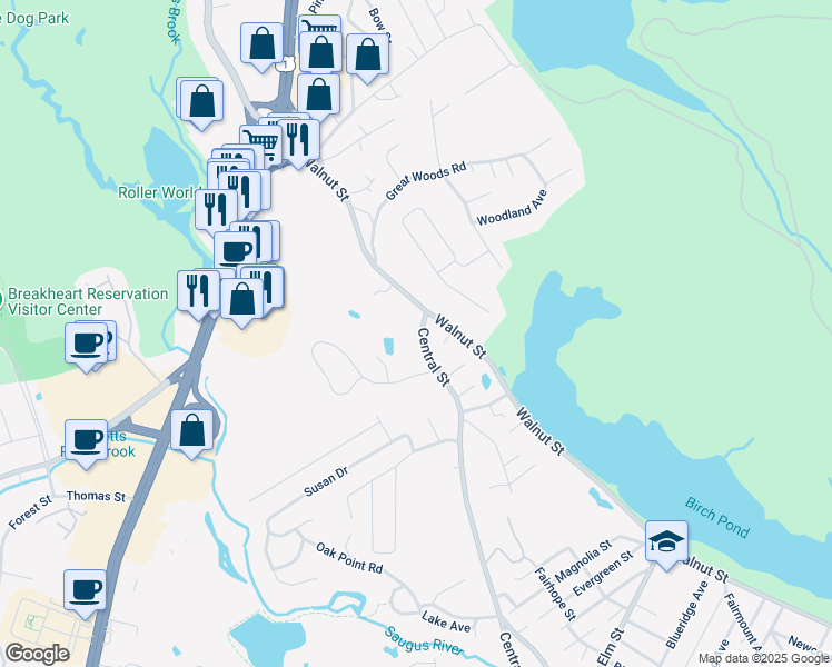 map of restaurants, bars, coffee shops, grocery stores, and more near 15 Central Street in Saugus