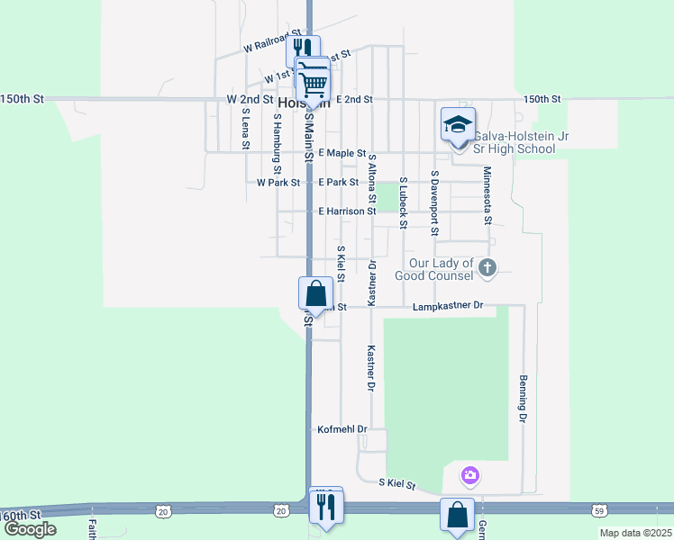 map of restaurants, bars, coffee shops, grocery stores, and more near 509 South Kiel Street in Holstein