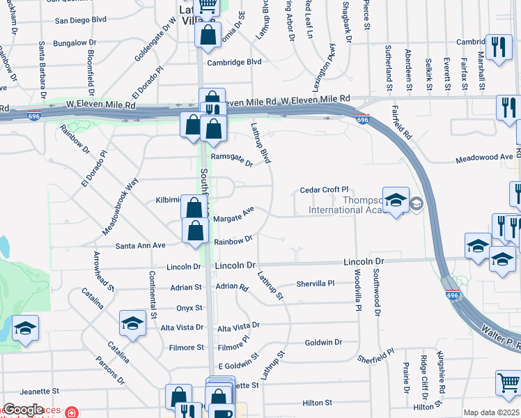 map of restaurants, bars, coffee shops, grocery stores, and more near Margate Avenue in Oakland County
