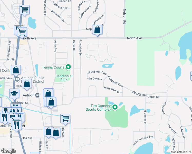 map of restaurants, bars, coffee shops, grocery stores, and more near 47 Van Dyke Drive in Antioch