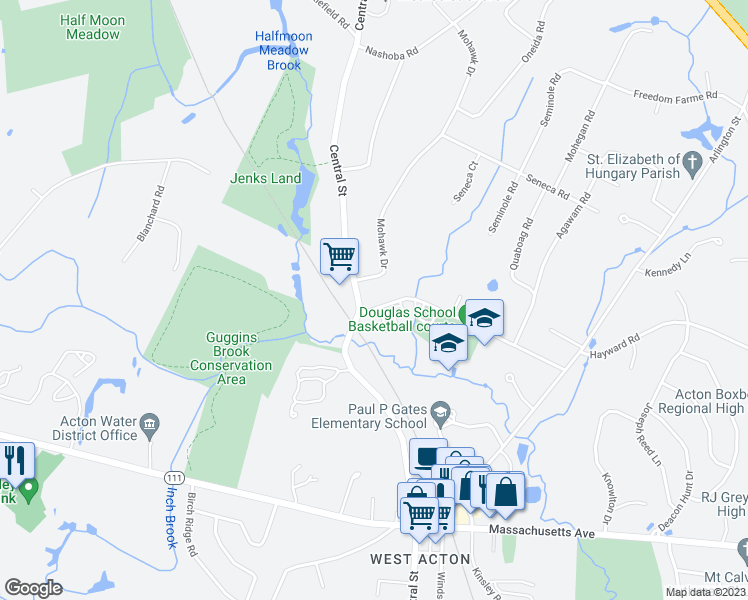 map of restaurants, bars, coffee shops, grocery stores, and more near 4 Elm Street in Acton