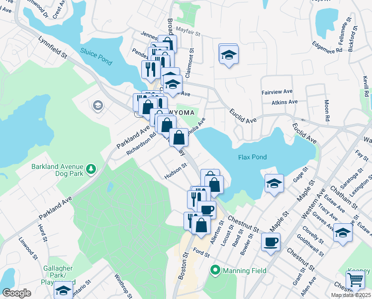 map of restaurants, bars, coffee shops, grocery stores, and more near 409 Broadway in Lynn