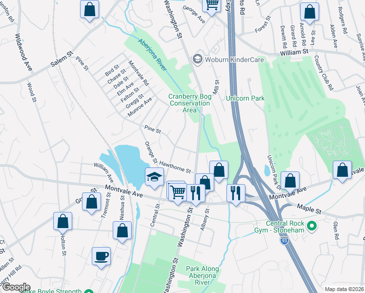 map of restaurants, bars, coffee shops, grocery stores, and more near 2 Central Street in Woburn