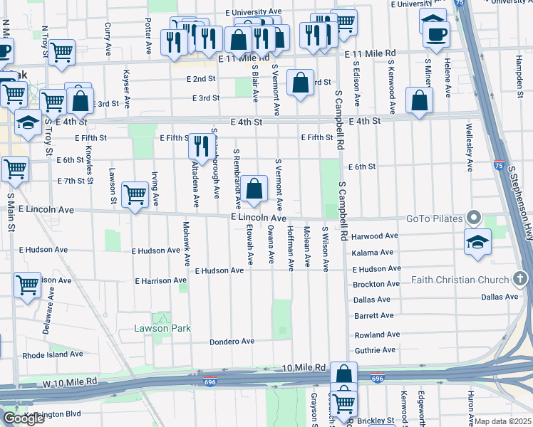 map of restaurants, bars, coffee shops, grocery stores, and more near 1402 East Lincoln Avenue in Royal Oak