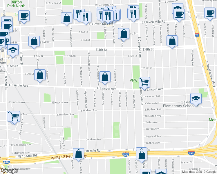 map of restaurants, bars, coffee shops, grocery stores, and more near 1402 East Lincoln Avenue in Royal Oak