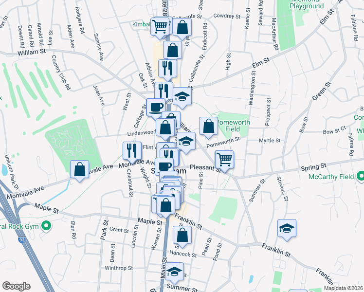map of restaurants, bars, coffee shops, grocery stores, and more near 77 Central Street in Stoneham