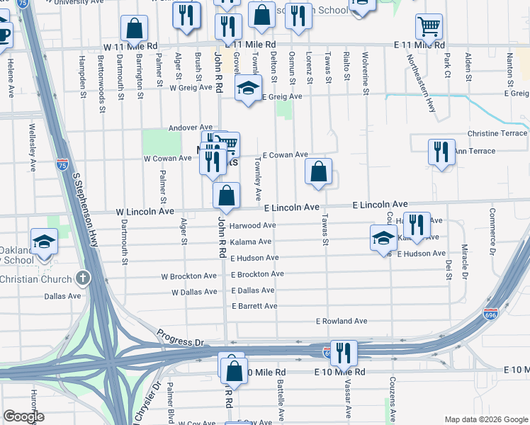 map of restaurants, bars, coffee shops, grocery stores, and more near 314 East Lincoln Avenue in Madison Heights
