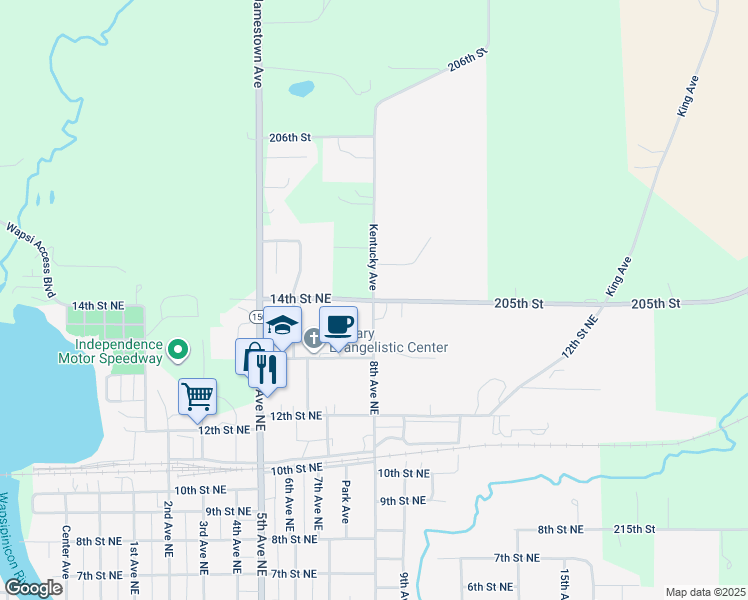 map of restaurants, bars, coffee shops, grocery stores, and more near 14th Street Northeast in Independence