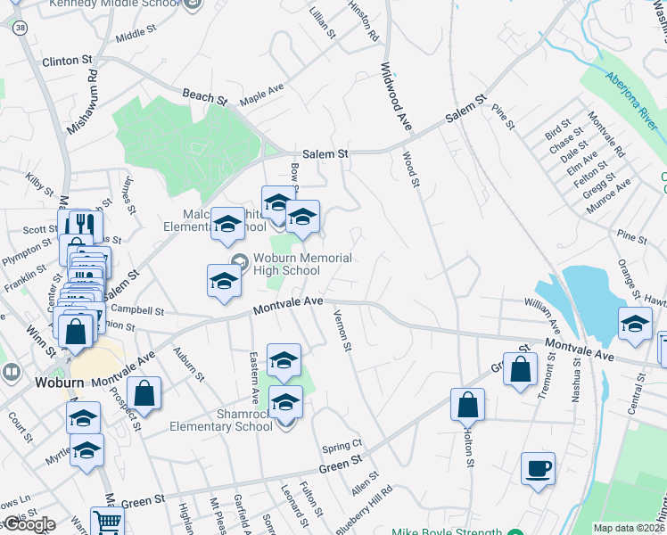map of restaurants, bars, coffee shops, grocery stores, and more near 11 Sherman Place in Woburn