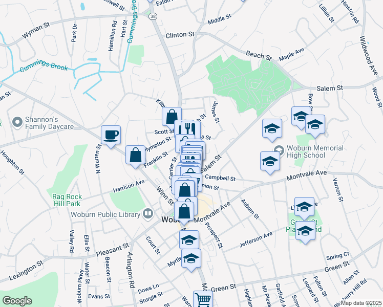 map of restaurants, bars, coffee shops, grocery stores, and more near 505 Main Street in Woburn
