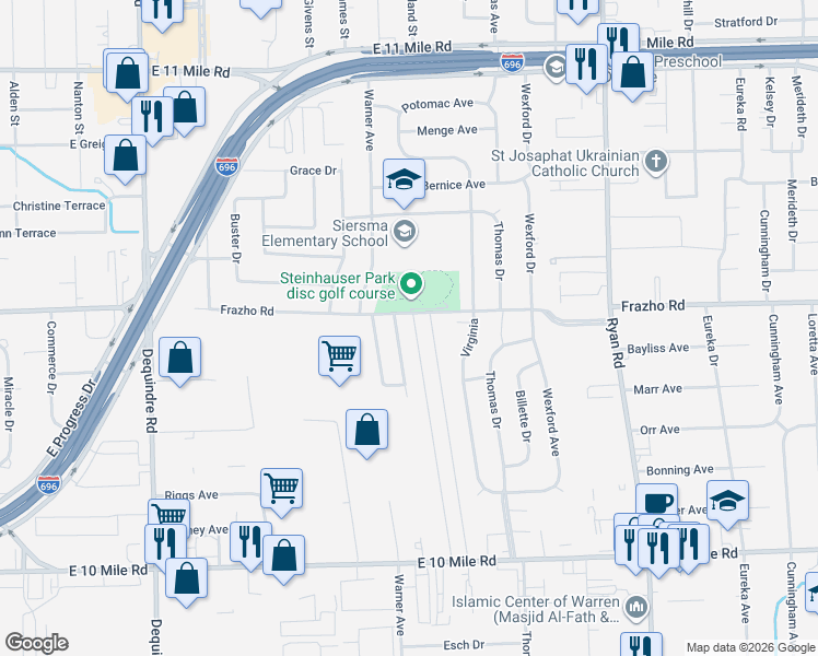 map of restaurants, bars, coffee shops, grocery stores, and more near 25884 Timberline Drive in Warren