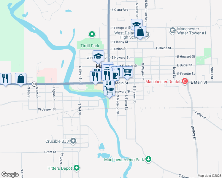 map of restaurants, bars, coffee shops, grocery stores, and more near 200-228 S Franklin St in Manchester
