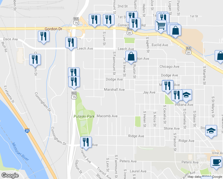map of restaurants, bars, coffee shops, grocery stores, and more near 2612 Marshall Avenue in Sioux City