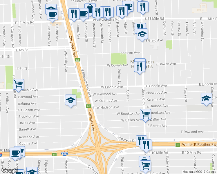map of restaurants, bars, coffee shops, grocery stores, and more near 497 West Lincoln Avenue in Madison Heights