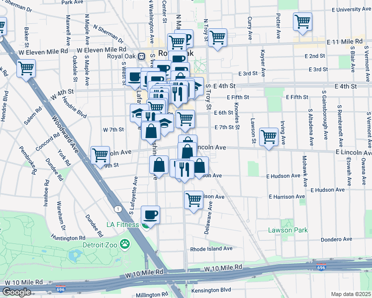 map of restaurants, bars, coffee shops, grocery stores, and more near 803 South Main Street in Royal Oak