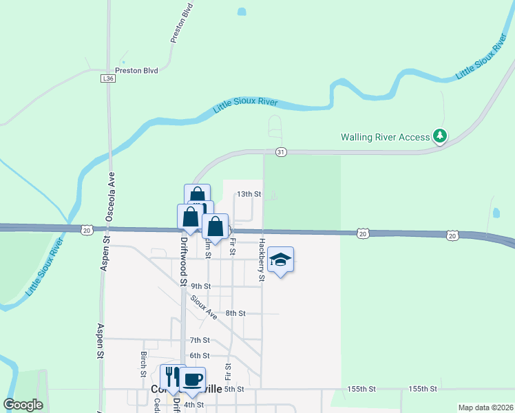 map of restaurants, bars, coffee shops, grocery stores, and more near 1105 Hackberry Street in Correctionville
