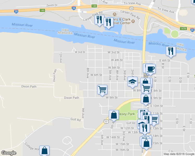 map of restaurants, bars, coffee shops, grocery stores, and more near 620 7th Avenue in South Sioux City
