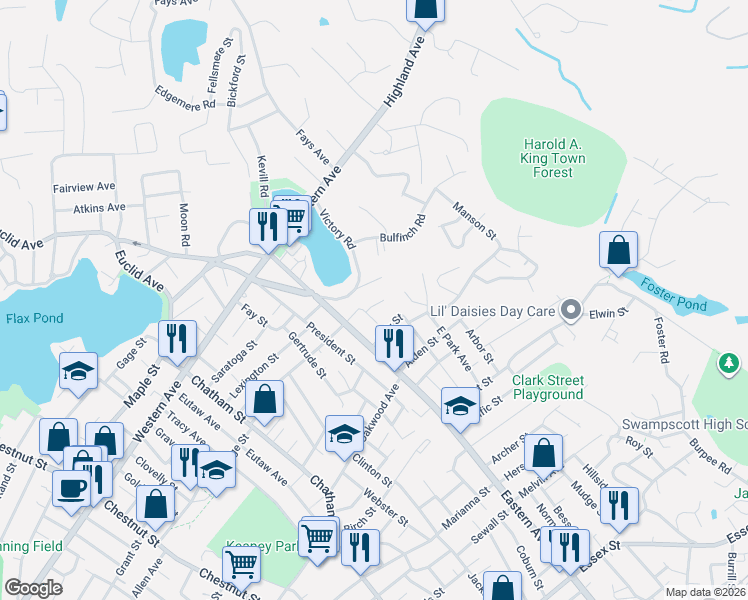 map of restaurants, bars, coffee shops, grocery stores, and more near 32 Elvir Street in Lynn